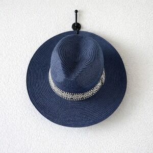 Allthreads Blue Panama Hat Woven Fedora Style With Aztec Band Women